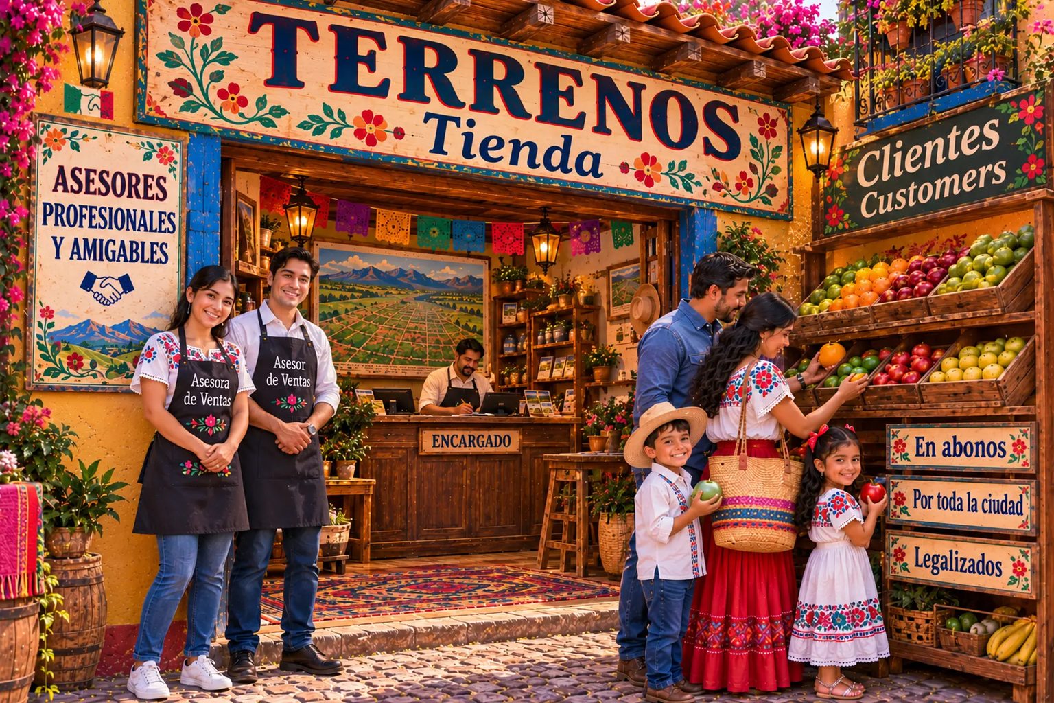 Tienda mexicana decorada con flores: el letrero Tienda da entrada a plataforma; dos asesores a la izquierda a ventas; el encargado detrás del mostrador a empresa; la familia y el resto de la escena a clientes.