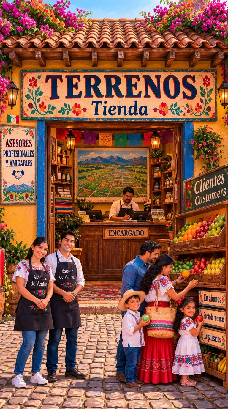 Tienda mexicana decorada con flores: el letrero Tienda da entrada a plataforma; dos asesores a la izquierda a ventas; el encargado detrás del mostrador a empresa; la familia y el resto de la escena a clientes.